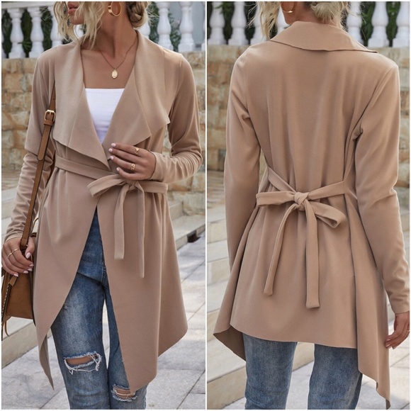 khaki vegan suede waterfall belted jacket trench - Picture 2 of 3